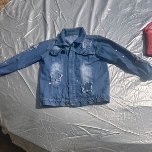 Girls Distressed Denim Jacket Size 150 Kids Jean Jacket Trendy Ripped Style